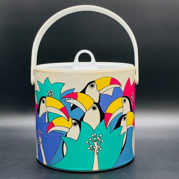 Vintage 80s Toucan Birds and Tropical Florals Ice Bucket with Lid and Handle - Picture 1 of 13